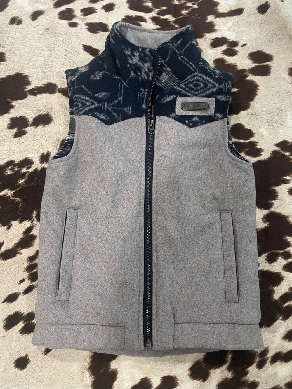 Boy’s Cinch Gray and Navy Geometric Wool-Blend Vest with Metal Logo S 6-8